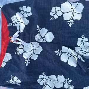 Navy Floral Swim Trunks with Red Accent